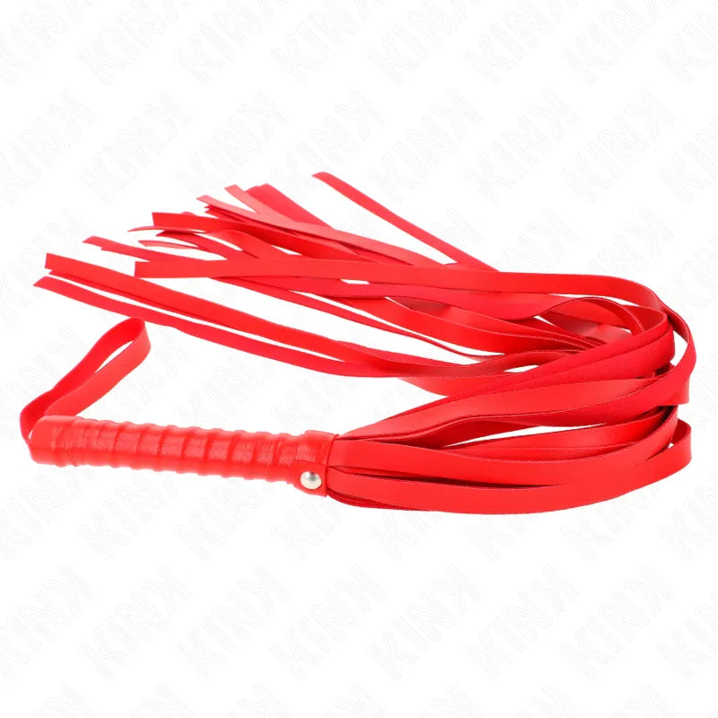 Fouet en cuir rouge luxueux, artisanal et réglable, pour jeux BDSM intenses et sophistiqués.