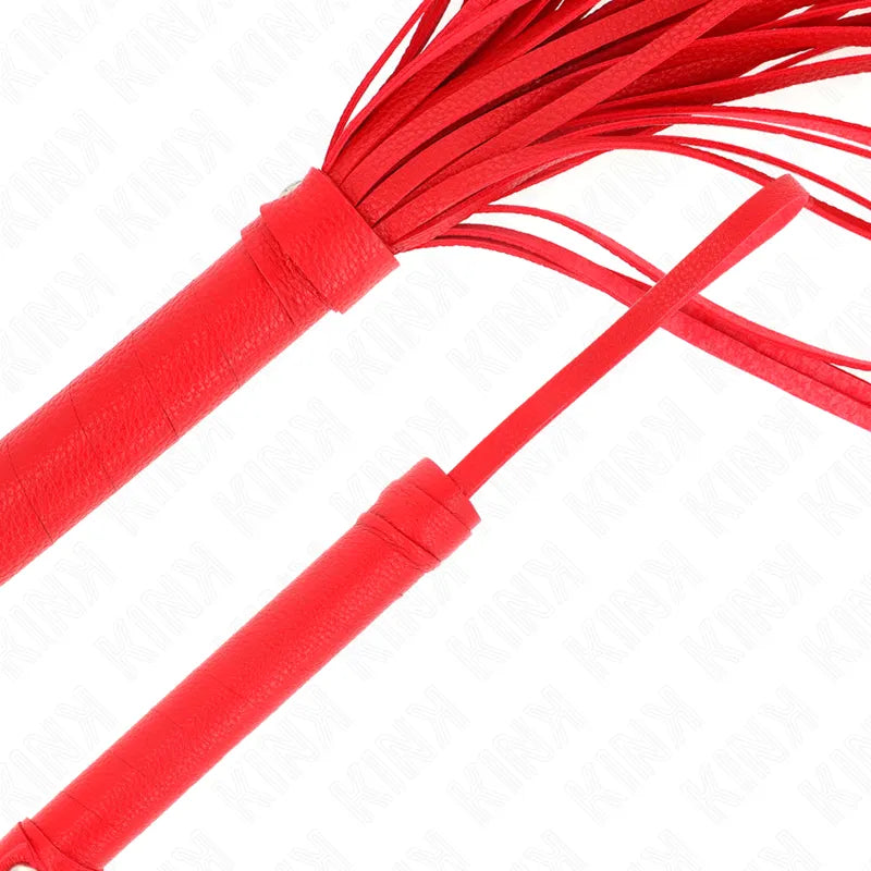 Cravache et fouet rouges en cuir élégant, accessoires BDSM luxe KINK, design sophistiqué pour fantasmes raffinés.