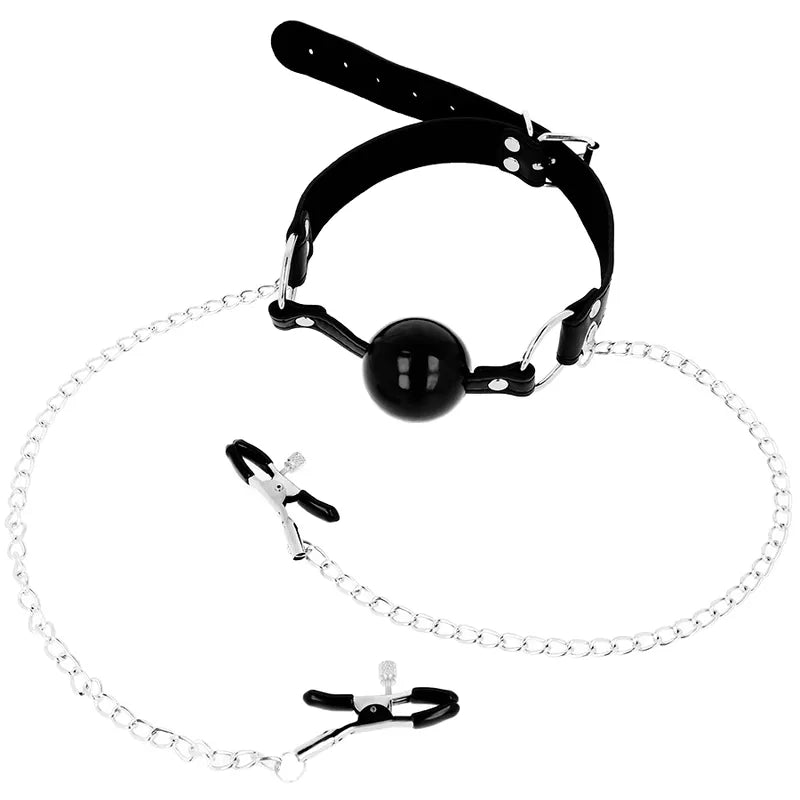 bâillon boule noire pinces mamelons réglables chaînes acier inoxydable bouts revêtus sangle ajustable confortable durable élégant sécurisé