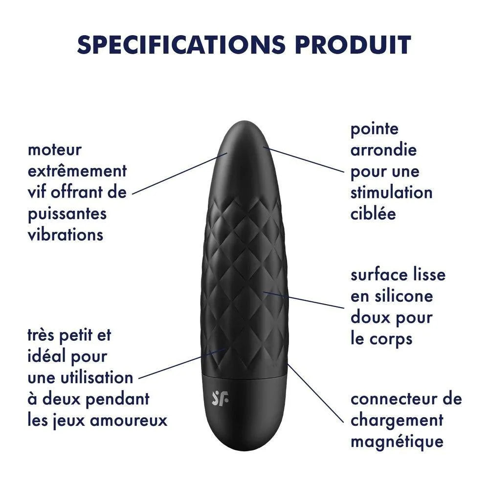 Vibromasseur noir USB Ultra Power Bullet 5 en silicone biocompatible, puissant, waterproof et silencieux.