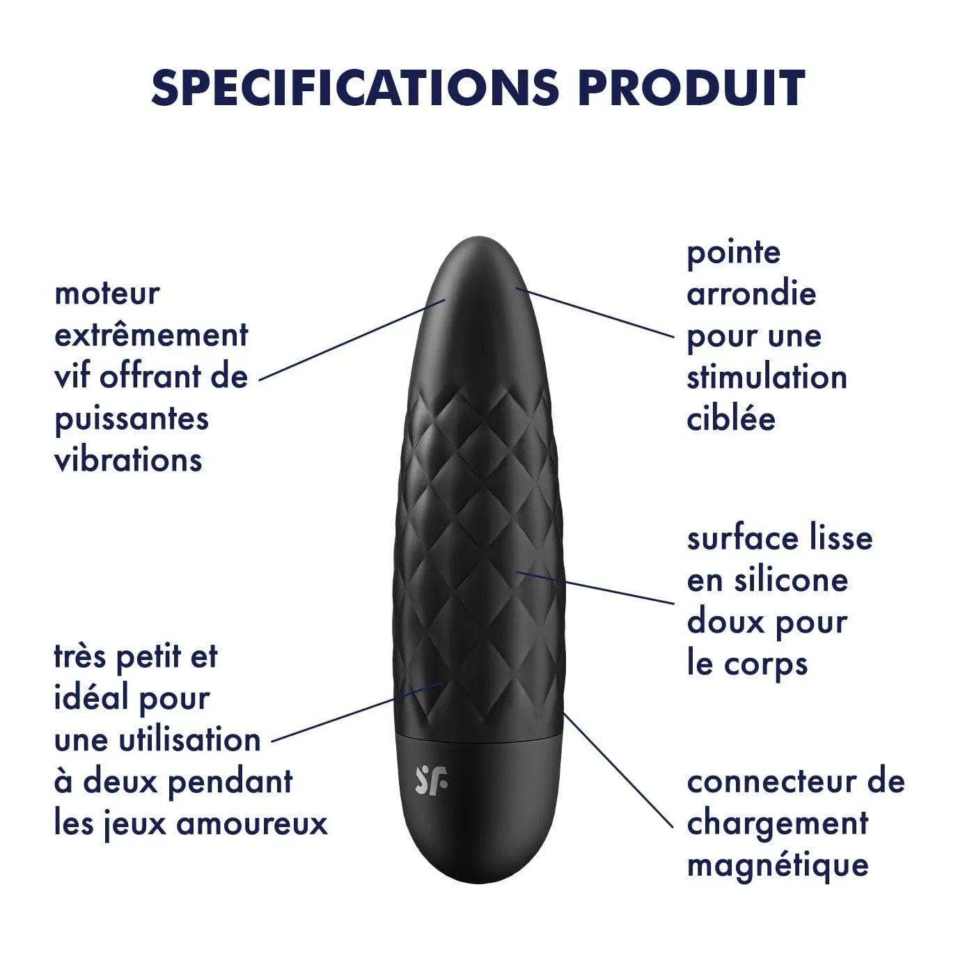 Vibromasseur noir USB Ultra Power Bullet 5 en silicone biocompatible, waterproof, silencieux, rechargeable, strié.