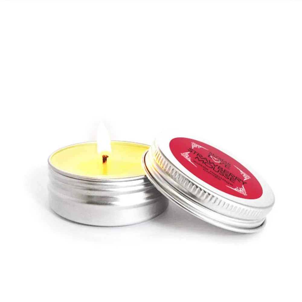 bougie massage mini trente millilitres mousse fraise parfumée huile fondante gourmande relaxante apaisante sensuelle cacao karité sésame cire abeille