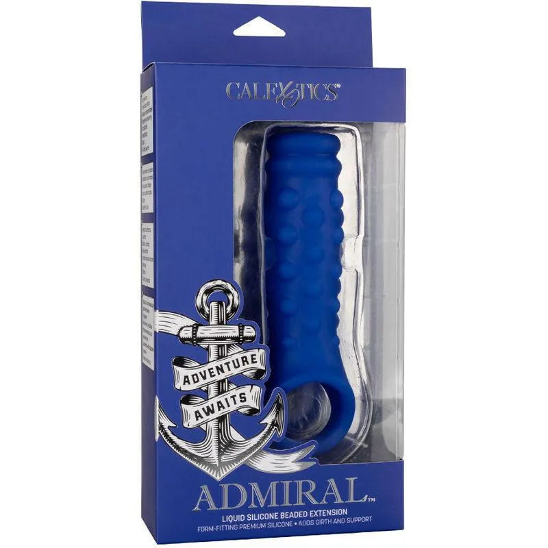 Anneau pénien bleu en silicone liquide, texture double chambre, sangle scrotale intégrée, emballage ergonomique.