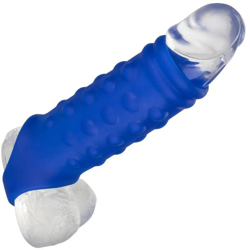Anneau pénien bleu en silicone liquide, texture double chambre, sangle scrotale intégrée, ergonomique et sans phtalates.
