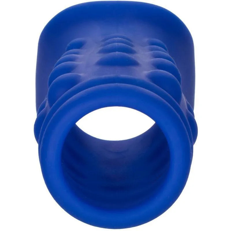 Anneau pénien bleu en silicone liquide, texture double chambre, design ergonomique avec sangle scrotale intégrée.