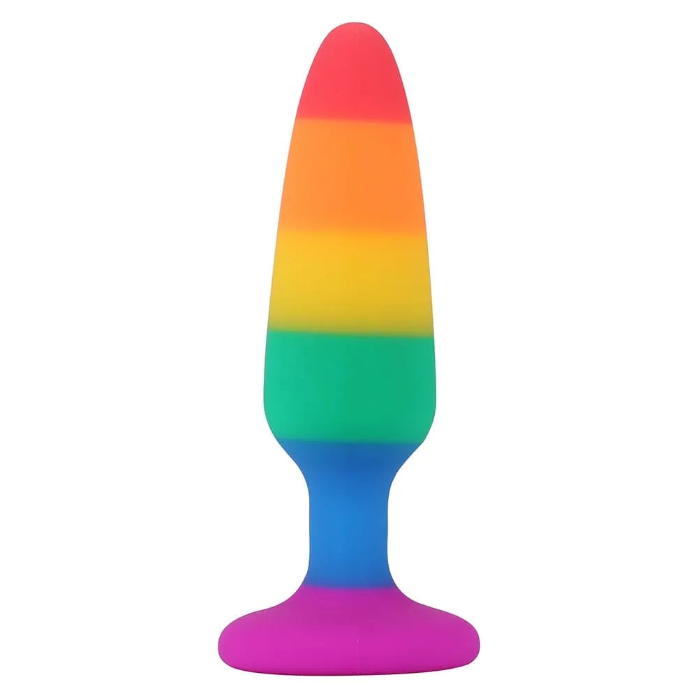 Plug anal multicolore en silicone liquide, taille M, hypoallergénique et souple pour débutants et experts.
