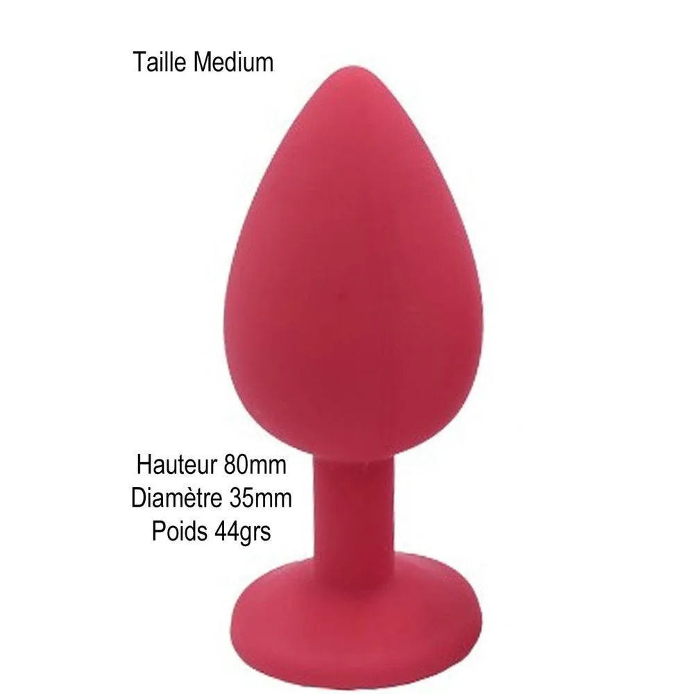 Bouchon anal silicone rouge moyen avec bijou cristal, hauteur 8cm, diamètre 3.5cm, poids 44g, élégance et douceur.