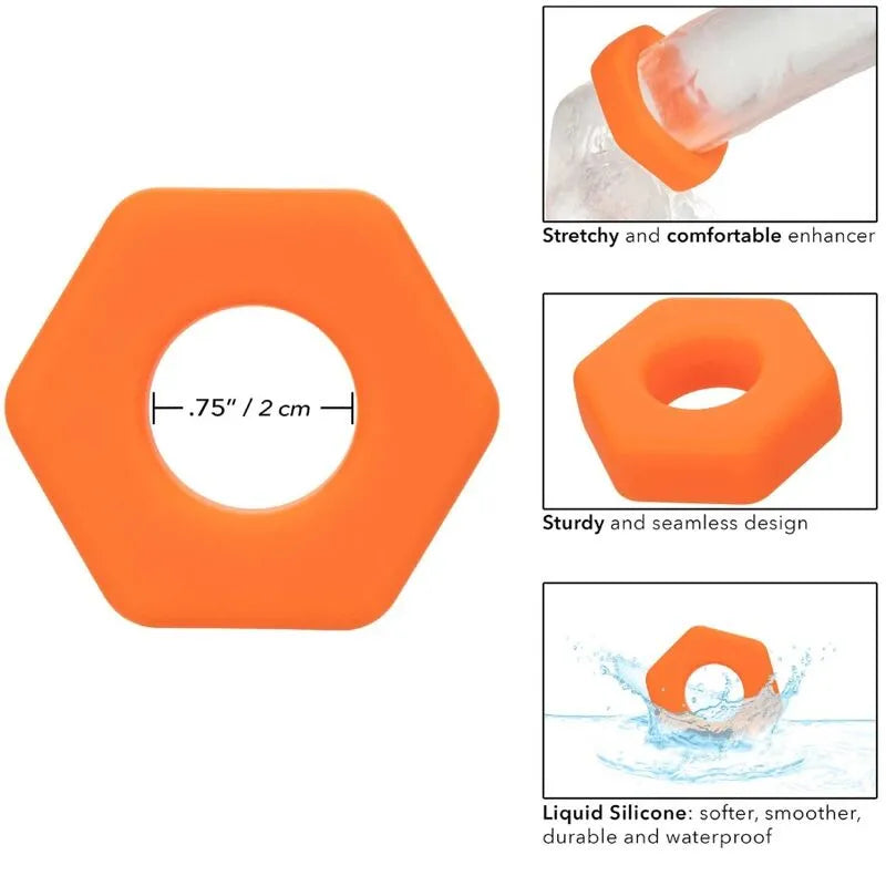 Anneau pénien orange silicone liquide, extensible, forme hexagonale, imperméable, pour prolongation érection.