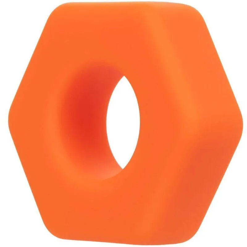 Anneau pénien hexagonal orange en silicone liquide, extensible et imperméable, pour prolongation érection et confort.