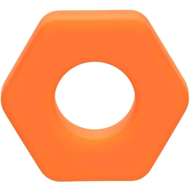 Anneau pénien orange en silicone liquide, forme hexagonale, extensible et imperméable pour prolongation érection.