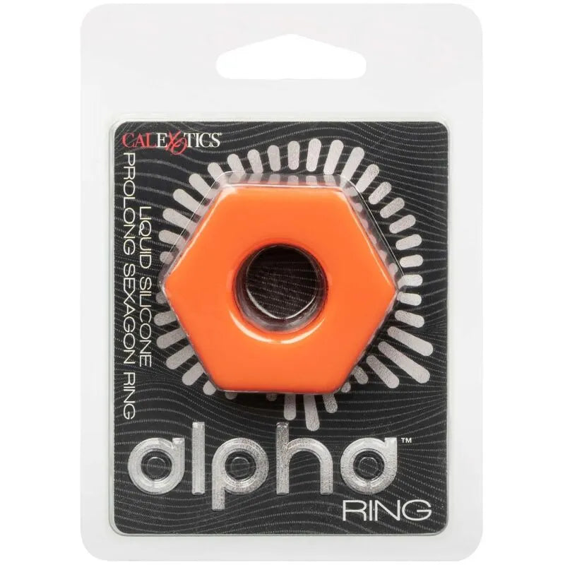 Anneau pénien orange en silicone liquide, forme hexagonale, extensible et imperméable, emballage discret.