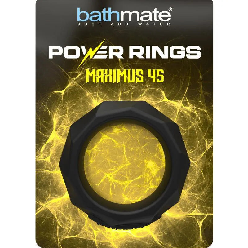 Anneau pénien noir en silicone ultra doux, flexible et ergonomique, sur fond jaune avec texte Power Rings Maximus 45.