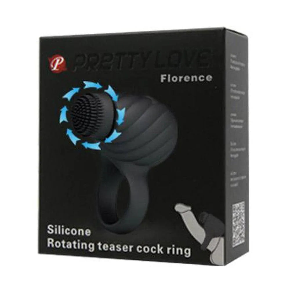 Anneau pénis noir Florence, silicone rotatif, stimulation clitoridienne, 3 vitesses, rechargeable, étanche, ergonomique.