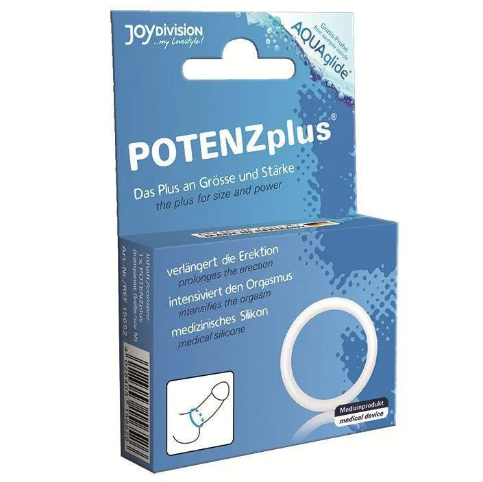 Anneau pénien en silicone blanc, ergonomique, pour érection prolongée et stimulation intense, dans un emballage bleu.