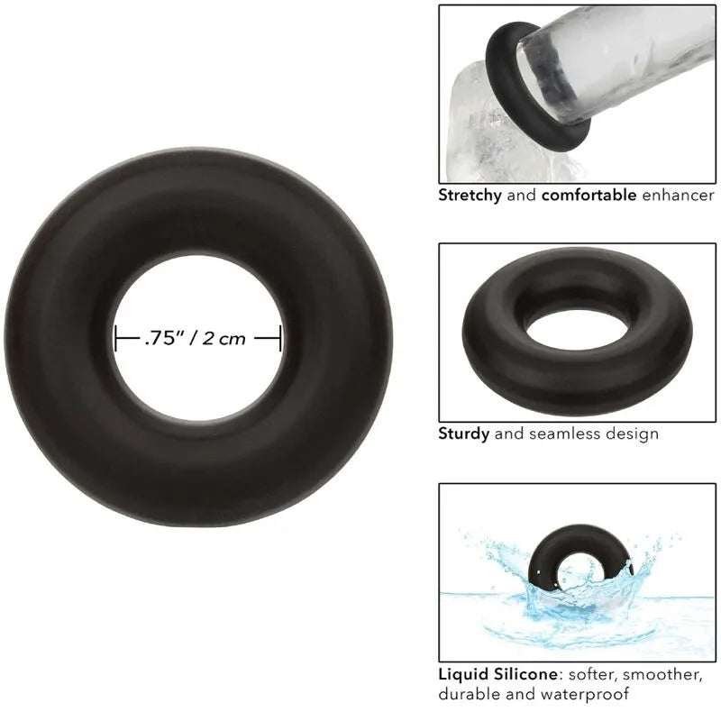 Anneau silicone noir extensible, lisse, sans couture, durable, hypoallergénique, pour performance intime et bain étanche.