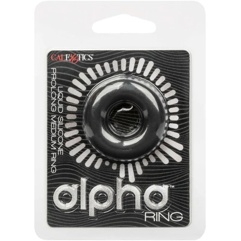 Anneau silicone liquide noir extensible, lisse et durable, emballé, pour confort intime et performance érectile optimale.