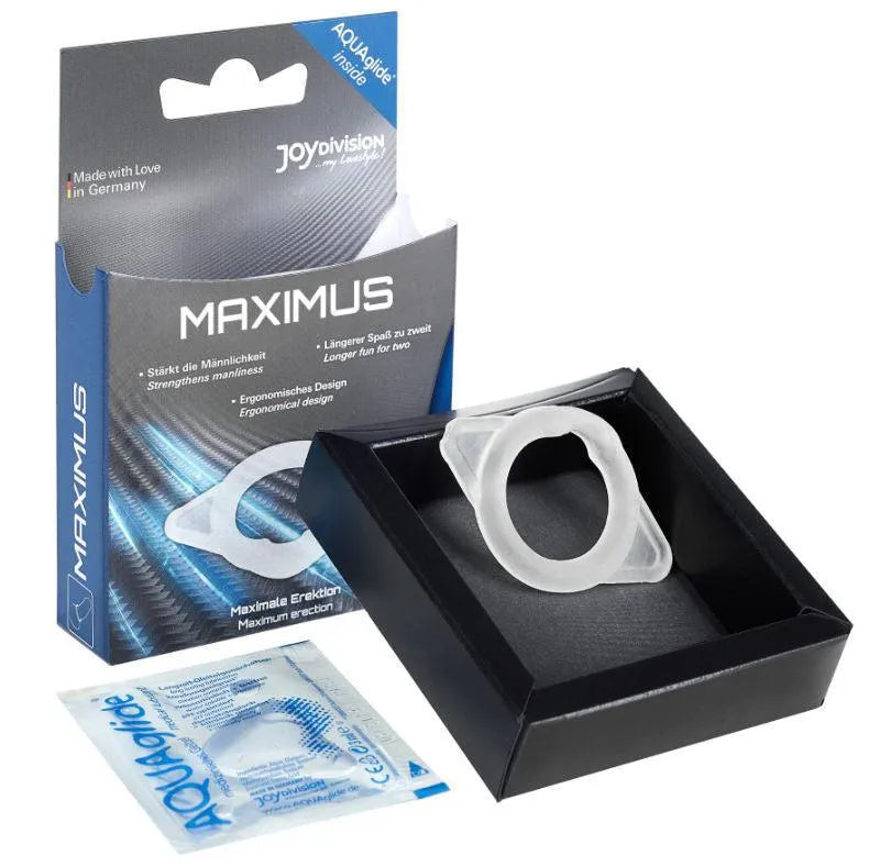 Anneau silicone médical transparent ergonomique dans boîte noire, amélioration érection, fabriqué en Allemagne.