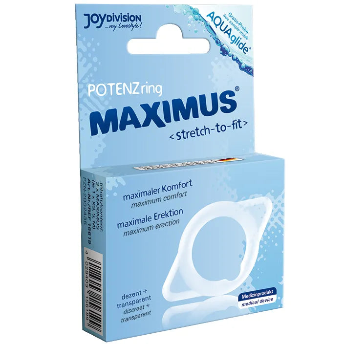 Anneau de virilité élastique blanc, forme anatomique, dans emballage bleu, améliore érection et intensité orgasme.
