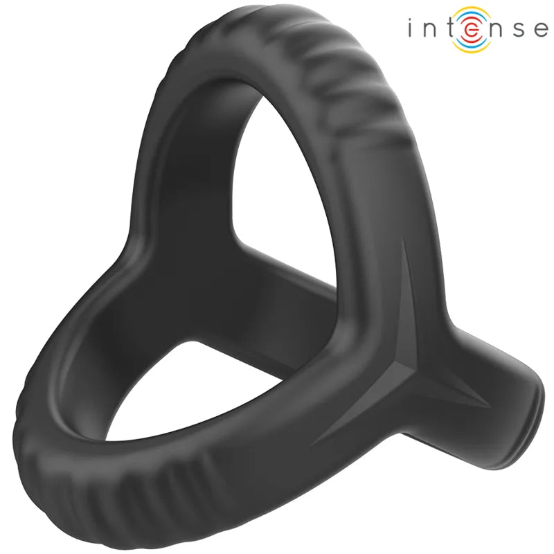 Anneau double en silicone noir, ergonomique, pour érection prolongée, marque INTENSE, design compact et texturé.