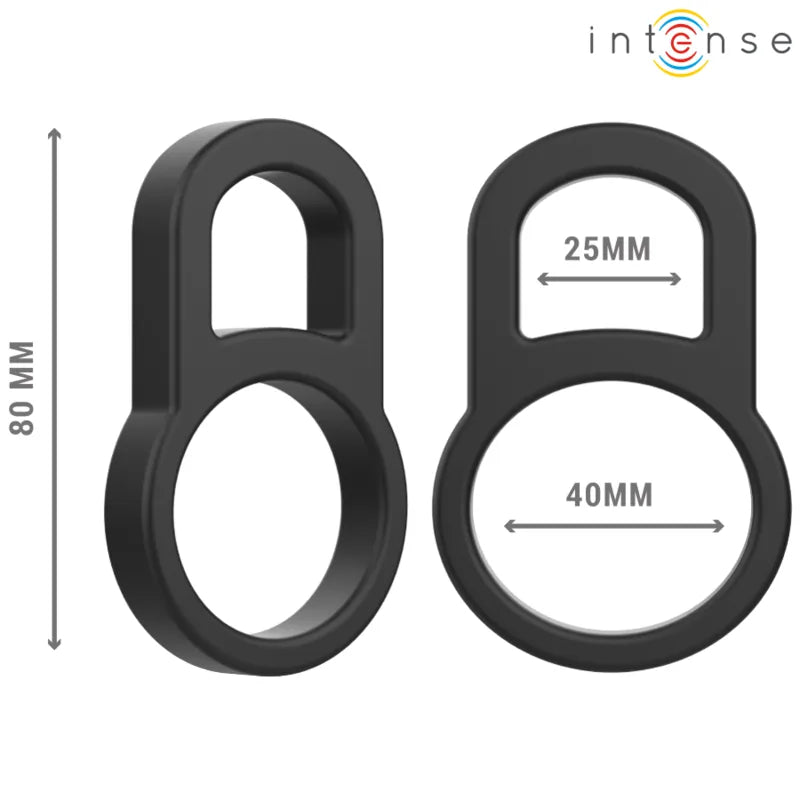 Anneau double silicone noir ergonomique, 40mm et 25mm, design compact et discret, amélioration érection, confort sécurisé.