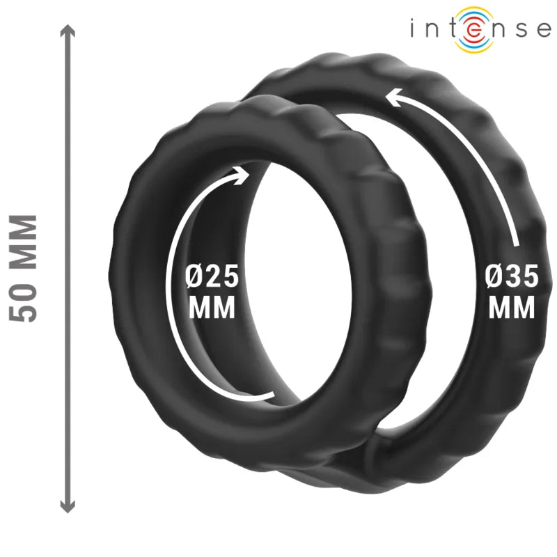 Anneau double silicone noir ergonomique, ultra doux, ajustable, deux tailles, pour performance intime et plaisir prolongé.