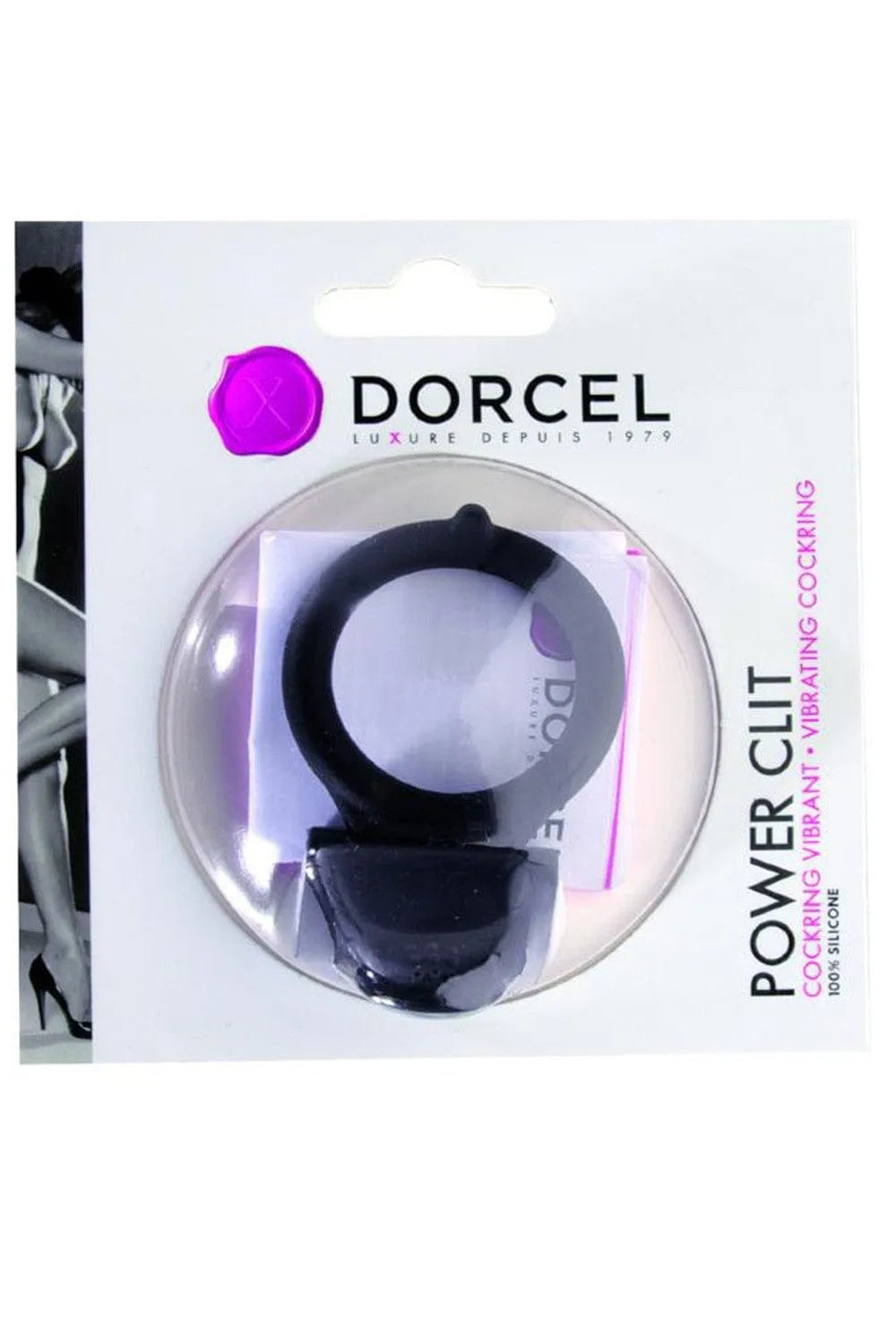 Anneau pénien vibrant noir en silicone avec languette clitoridienne, emballage transparent, piles incluses.