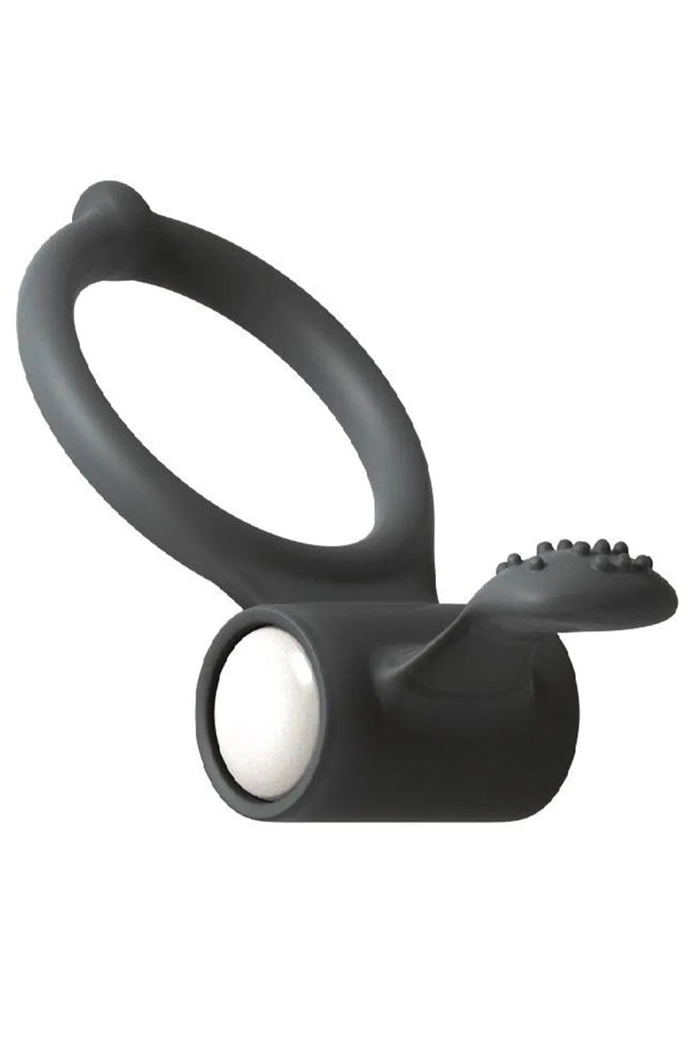Anneau pénien vibrant noir en silicone avec languette clitoridienne, diamètre 32mm, piles LR41 incluses, design ergonomique.