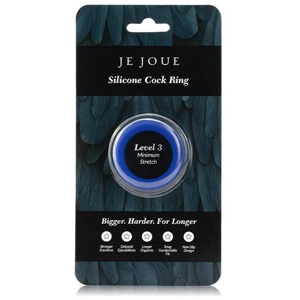 Anneau silicone bleu pour érections puissantes, retardation éjaculation, confort optimal, emballage noir élégant.