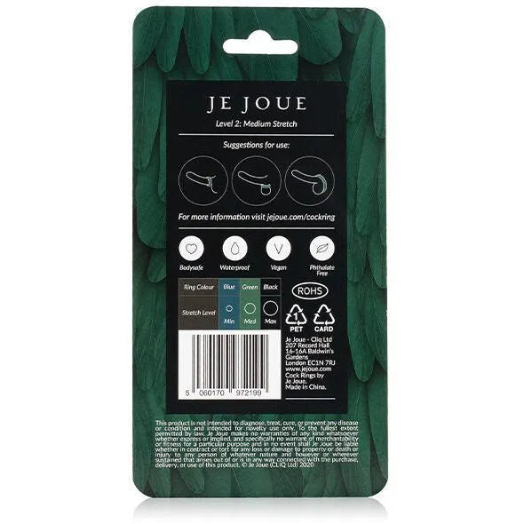 Anneau silicone vert ergonomique, antidérapant, pour érections puissantes et prolongation, sur fond d'emballage vert.