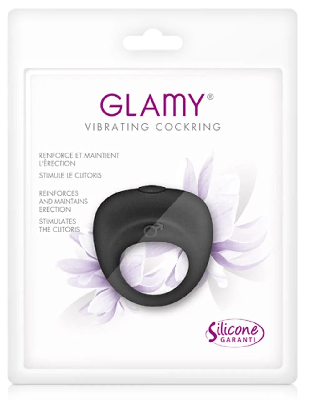 Anneau pénien vibrant noir en silicone doux, extensible, forme futuriste, ergonomique, étanche, sur fond blanc.