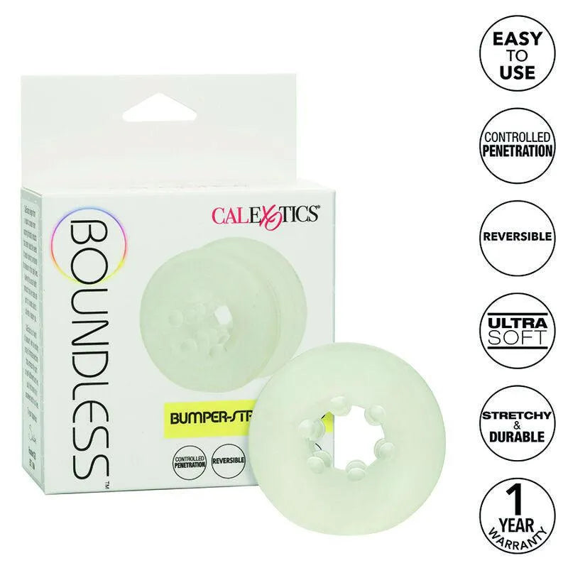 Anneau intime silicone texturé, doux, extensible, inodore, sans phtalates, couleur translucide, avec emballage.