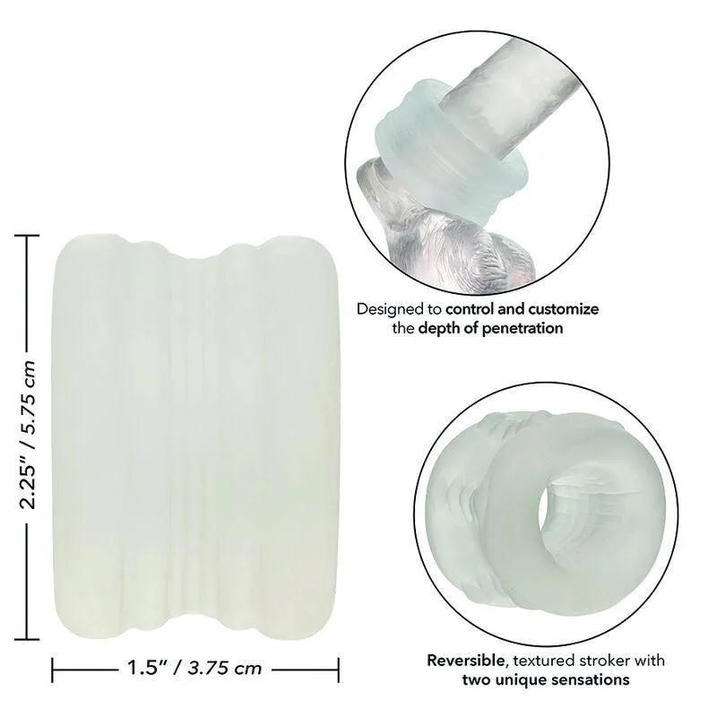 Anneau intime silicone transparent, texturé, extensible et réversible, stimulant, sans phtalates, dimensions visibles.