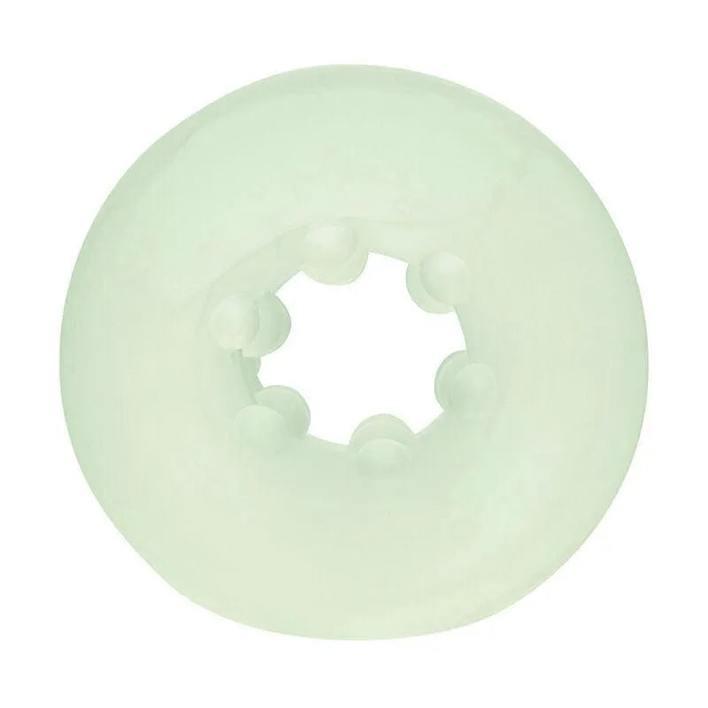 Anneau intime en silicone vert clair, texturé, extensible et réversible, sans phtalates, pour expérience douce et sécurisée.