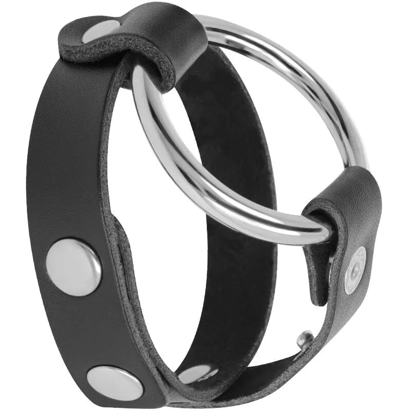 Anneau pénien ajustable en métal noir avec cuir synthétique, boutons visibles, pour érection ferme et contrôle éjaculation.