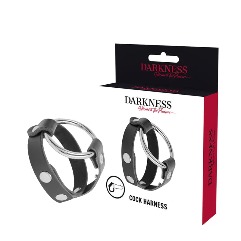 Anneau pénien ajustable noir en métal sans nickel, cuir synthétique, boutons visibles, pour érection prolongée et ferme.