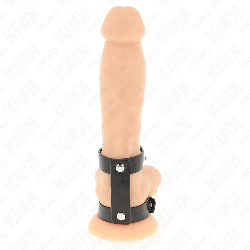 Anneau pénien en cuir noir réglable sur support, élégant et durable, pour stimulation intense et expérience BDSM sophistiq...
