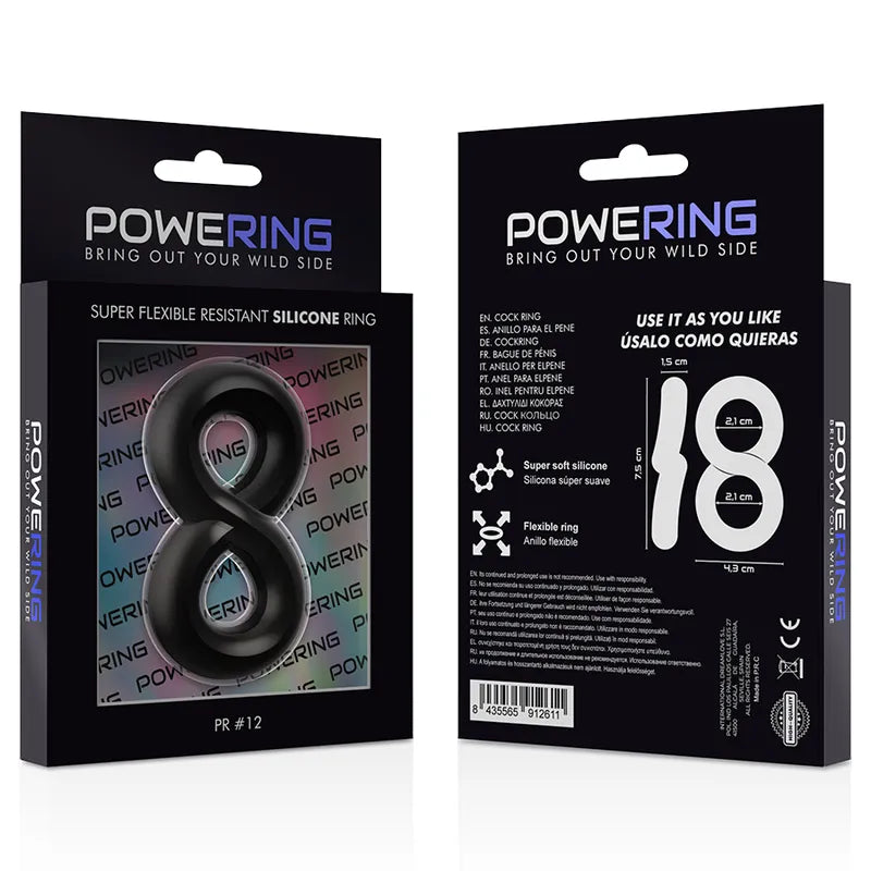 Anneau pénien noir silicone hypoallergénique extensible, forme 8, emballage Powering, confort et endurance.