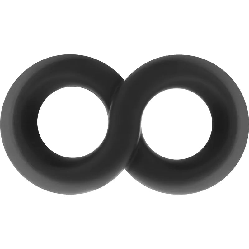 Anneau pénien silicone noir, extensible, forme double, hypoallergénique, confort et endurance, facile à nettoyer.