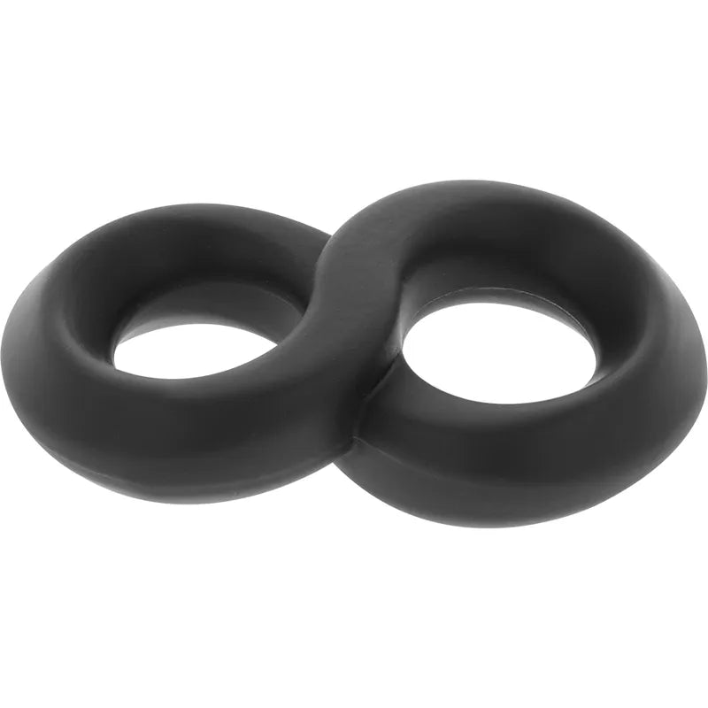 Anneau pénien silicone noir, forme ergonomique, extensible, hypoallergénique, confort et soutien scrotum, facile à nettoyer.