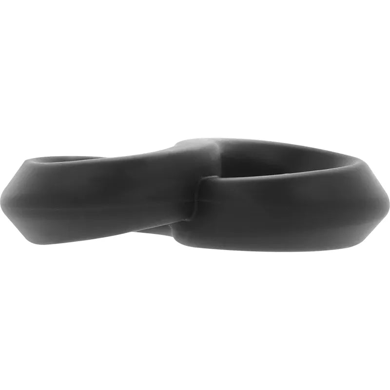 Anneau pénien silicone noir hypoallergénique, extensible, avec maintien scrotum intégré, confort et endurance améliorés.