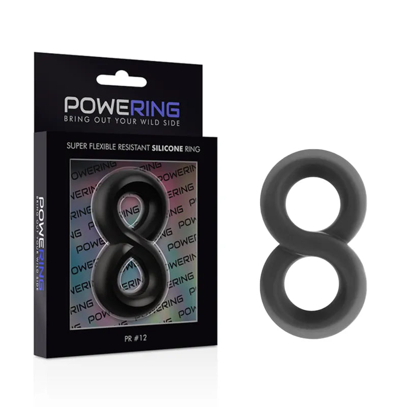 Anneau pénien silicone noir extensible, forme 8, hypoallergénique, dans emballage Powering, pour endurance et confort.