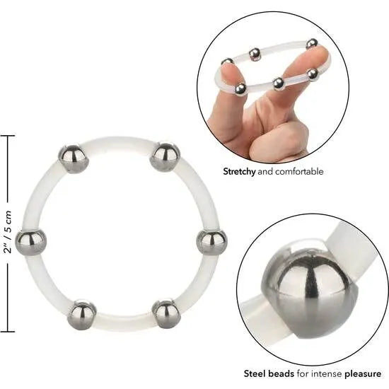 Anneau pénien silicone blanc avec perles acier inoxydable, élasticité et confort, stimulation intense, 5 cm diamètre.
