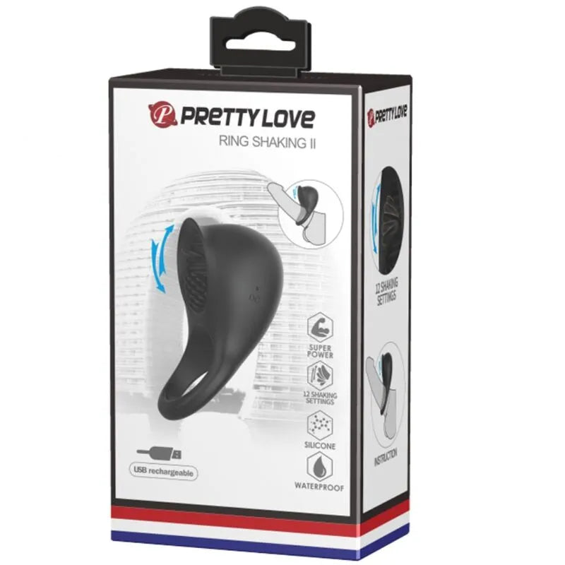 Anneau pénien noir silicone avec stimulateur clitoridien, rechargeable USB, 12 réglages, sur fond blanc.