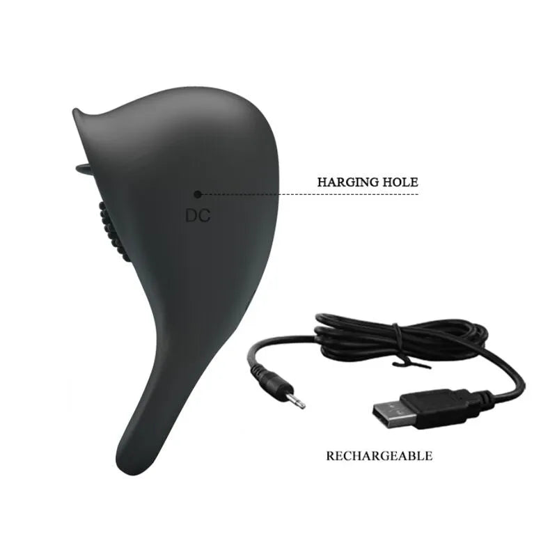 Anneau pénien silicone noir avec stimulateur clitoridien, forme ergonomique, câble USB, rechargeable, doux et soyeux.