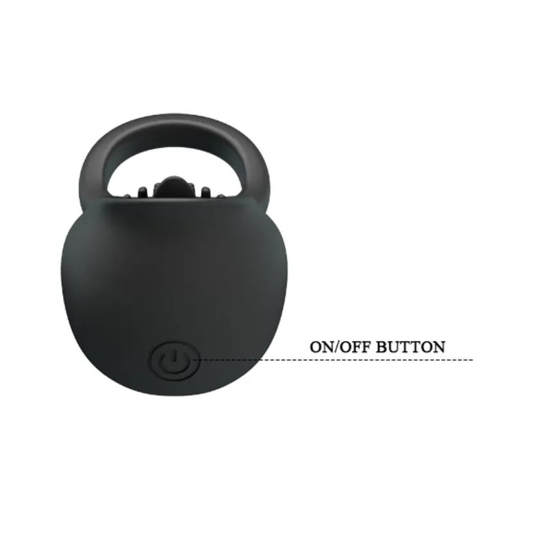 Anneau pénien noir en silicone avec stimulateur clitoridien intégré, rechargeable USB, texture douce, bouton marche/arrêt.