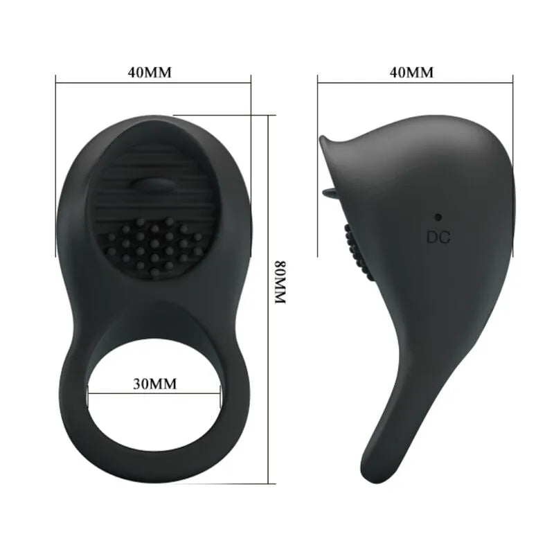 Anneau pénien noir en silicone avec stimulateur clitoridien, design ergonomique, rechargeable USB, dimensions visibles.