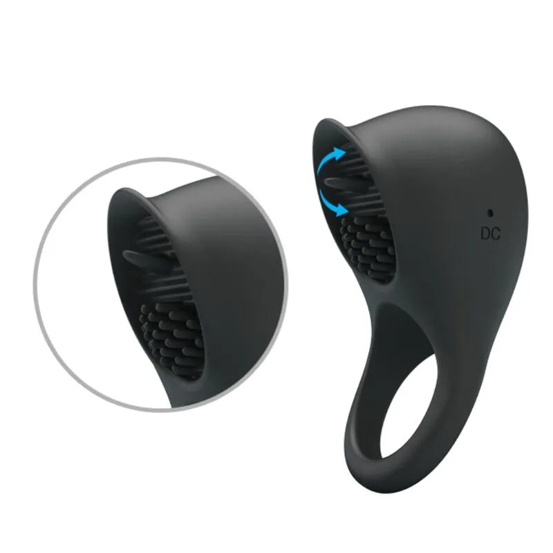 Anneau pénien noir en silicone avec stimulateur clitoridien, design ergonomique, rechargeable USB, texture douce.