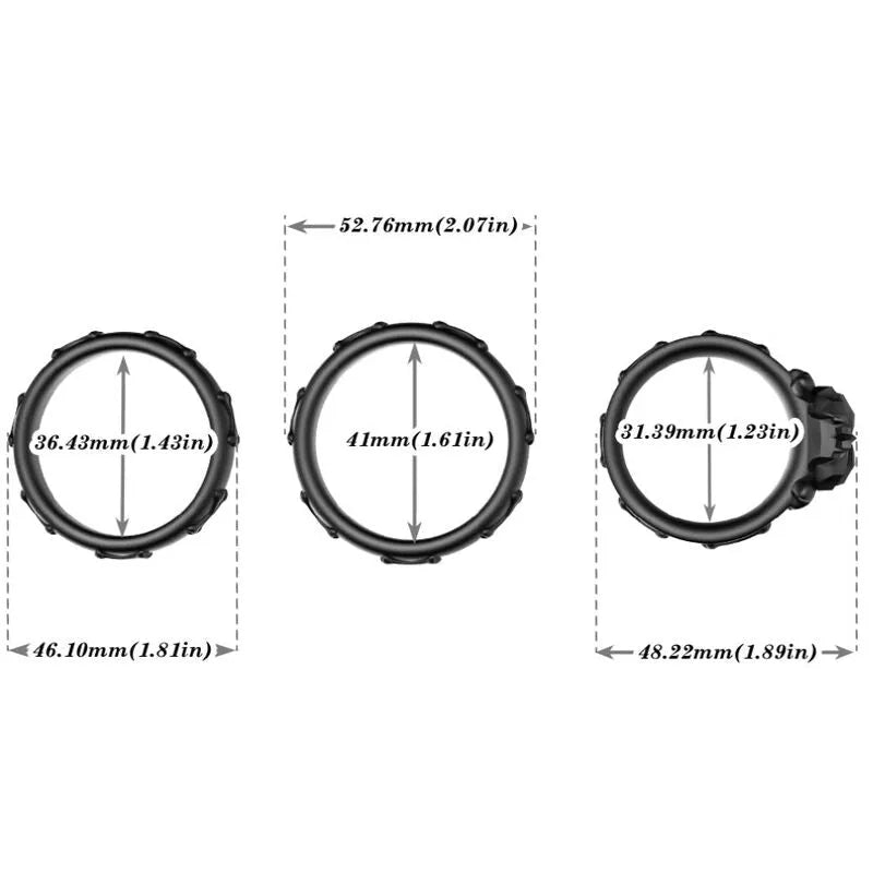 Anneau pénien noir ergonomique en silicone médical, extensible, avec dimensions détaillées, pour confort et endurance.
