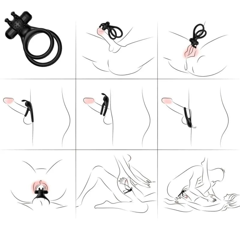 Anneau pénien noir en silicone médical vibrant, double anneaux, ergonomique, hypoallergénique, étanche, stimulation intense.