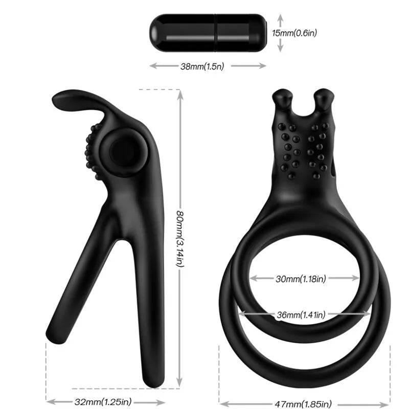 Anneau pénien silicone noir vibrant, double anneaux, ergonomique, hypoallergénique, étanche, dimensions visibles.